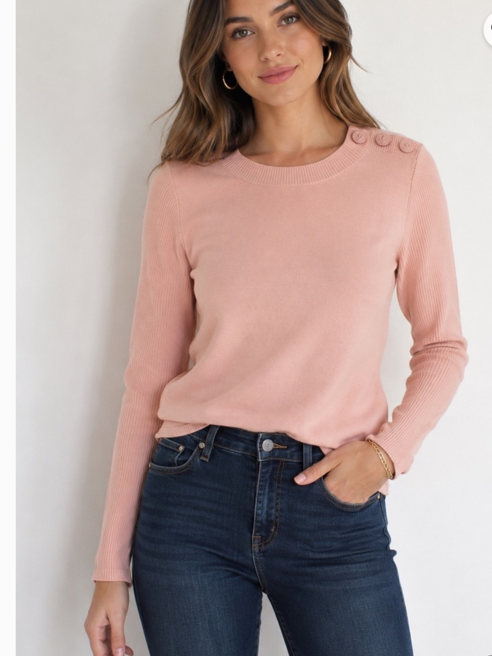 L'Agence Pink Crewneck Tonal Shoulder Buttons Sweater